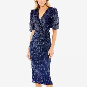 MAC DUGGAL Sequined V-Neck Puff Sleeve Midi Dress SIZE 8